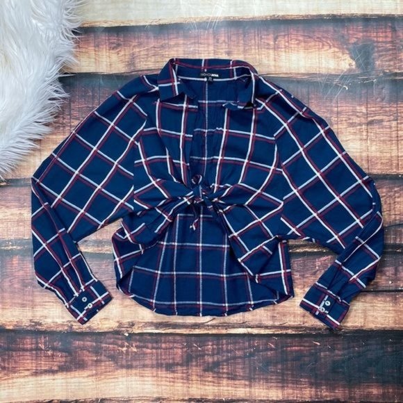 Fashion Nova Tops - RELISTED  Fashion Nova Plaid Striped Wrap Front Shirt